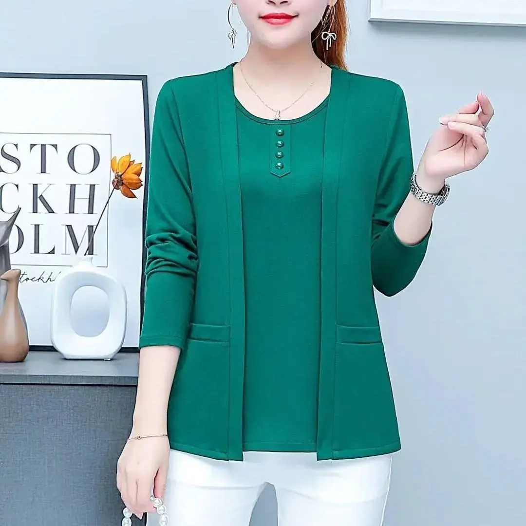 

Fake Two Pieces Women T Shirt Long Sleeve Top Casual Pullovers Spring Fall New Fashion Female Plus Size O-neck Tee Shirt Femme
