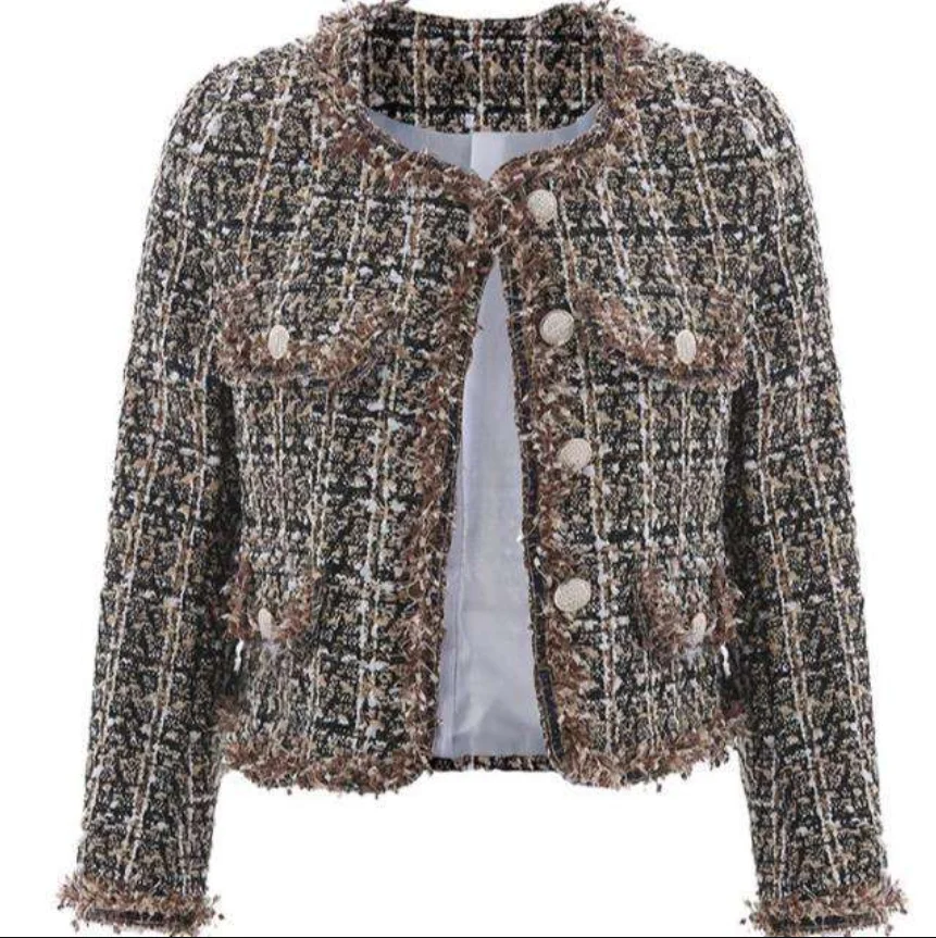 

Женское твидовое пальто и куртки с длинным рукавом и круглым вырезом, женская модная твидовая куртка с небольшим ароматом