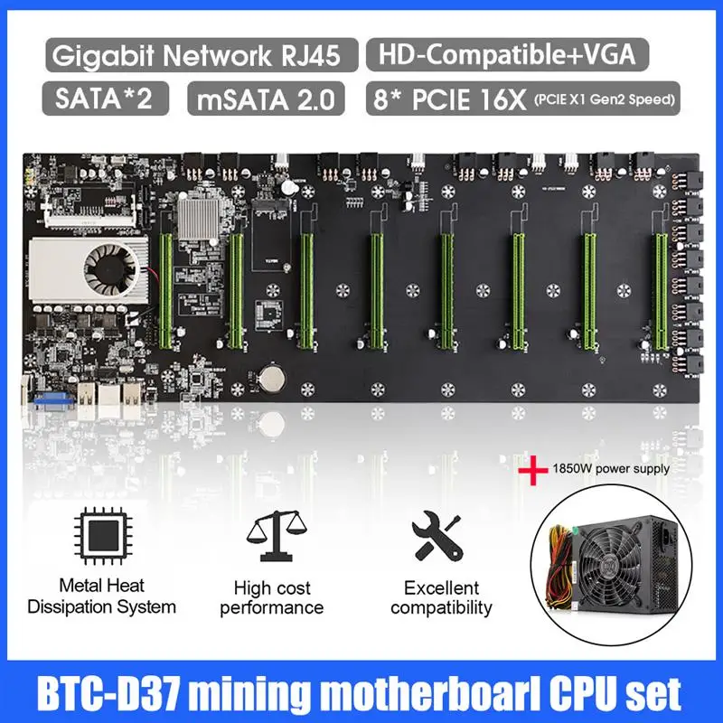 

BTC-S37 Mining Rig набор материнских плат 8 PCIE 16X Графика карты SODIMM DDR3 SATA3.0 VGA + HDMI-Совместимость + 1850W блок питания для ETH