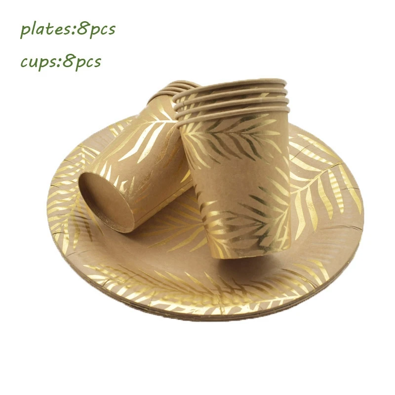 Гавайская искусственная Золотая фольга тарелки с тропическими пальмовыми