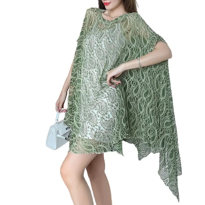 

PERHAPS U Women Elegant Lace Hollow Out Asymmetrical Batwing Sleeve O-Neck Cape Type Pullover Long Blouse Female Tops B3092
