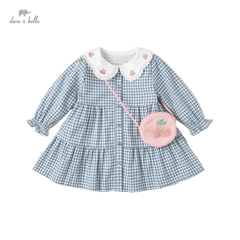 

DB1220483 dave bella spring baby girls fashion plaid dress with a small bag party dress children girl infant lolita 2pcs clothes