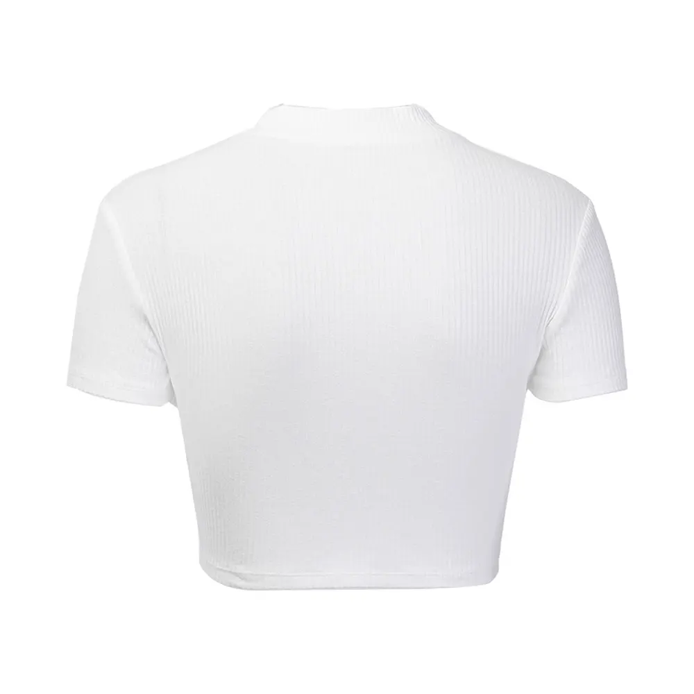 Женская мода футболки дамы стоячий воротник молния полосатый короткий