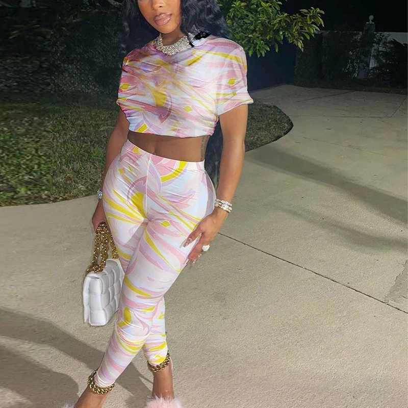 

2 Pieces Sets Women Printed Short Sleeve O-neck T-shirt & Bodycon Skinny Pants