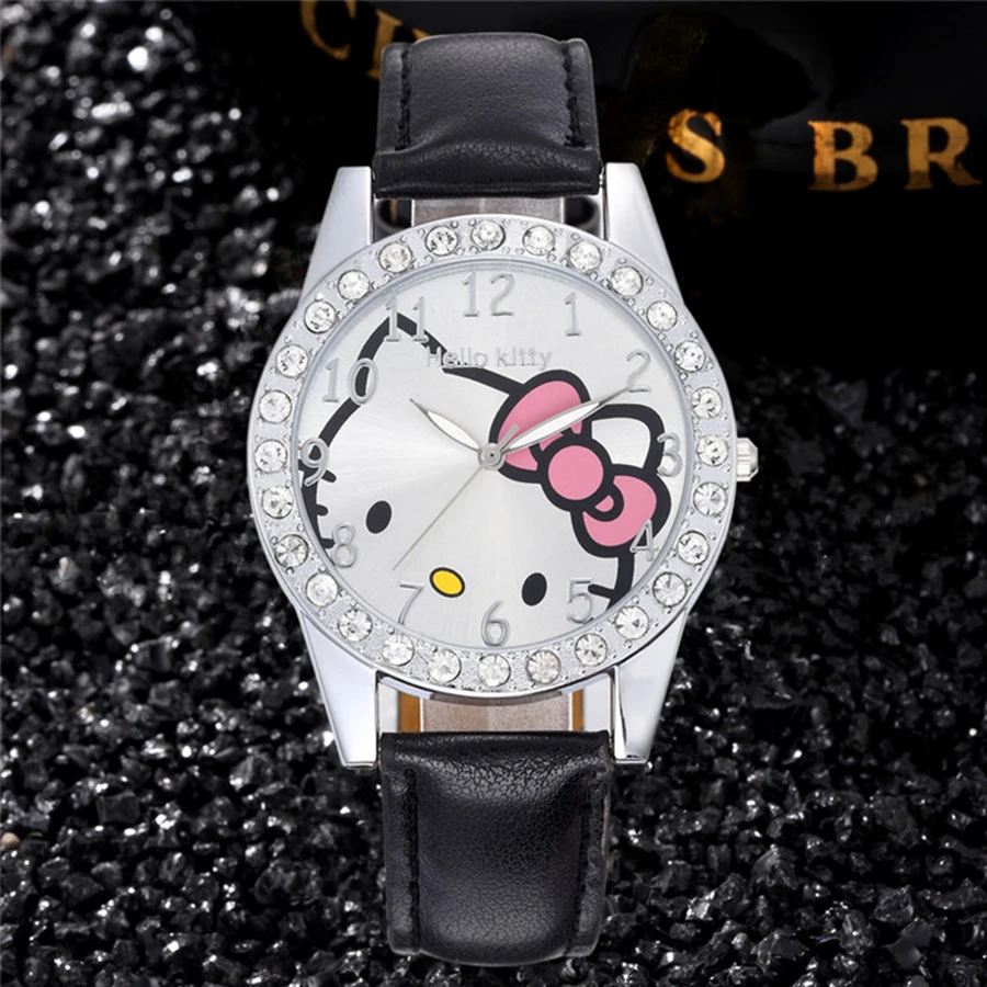 hello kitty девушка часы кожаный ремешок аналог кварцевые часы, модный платье часы relogio feminino