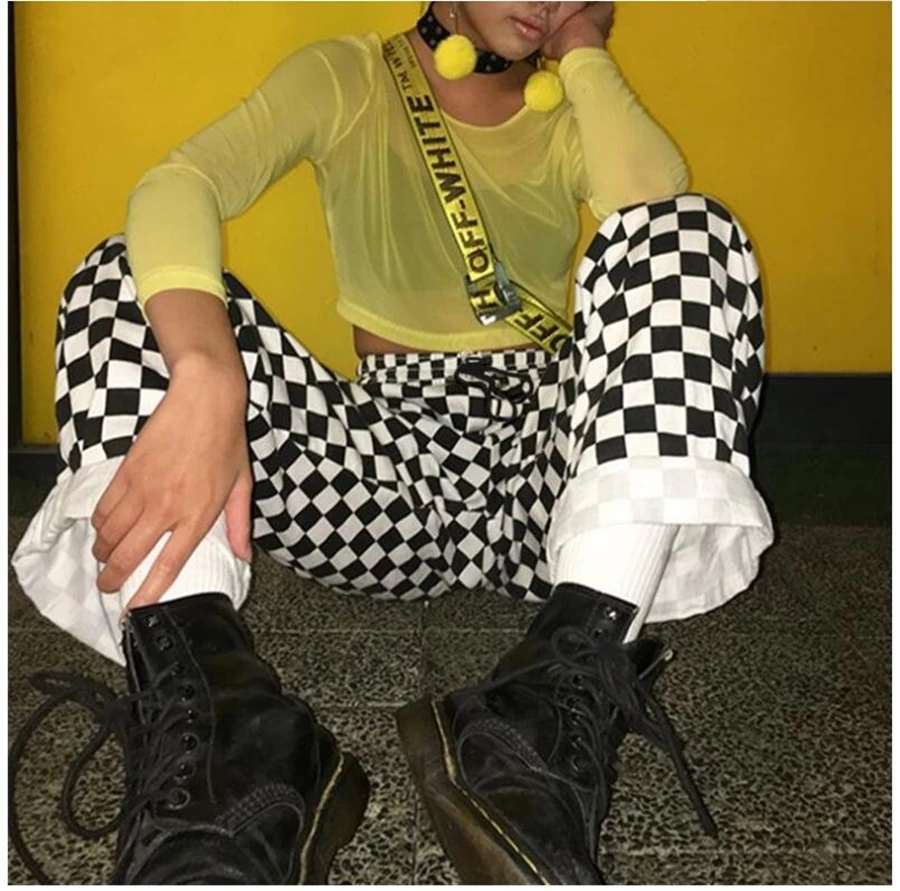 Брюки женские клетчатые прямые с завышенной талией свободные спортивные штаны в