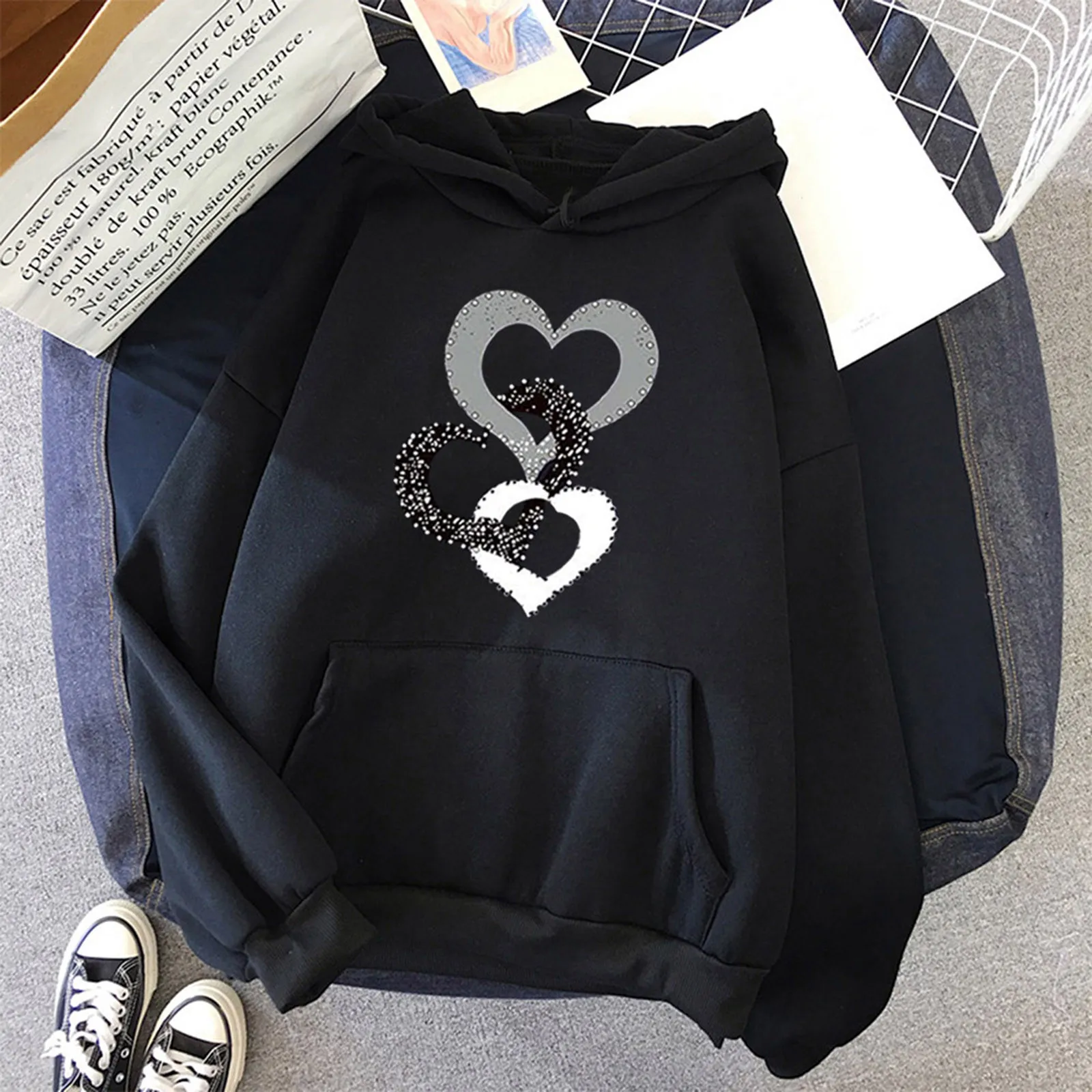 2021 Hoodies Women's Fashion New Stitching Hearts Print Long-Sleeve Hooded Sweatshirt Tops Fashion Sweatshirt женское платье