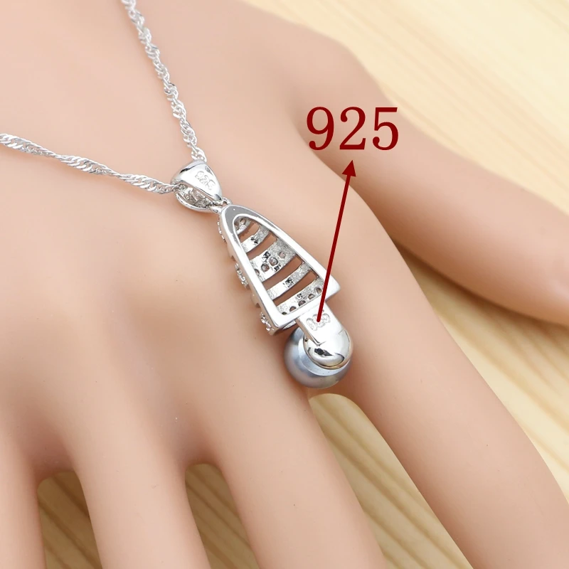 Grey Pearl White Cubic Zirconia 925 Silver Jewelry Set For Women Party Accessories Earrings Ring Pendant Necklace Kit | Украшения и