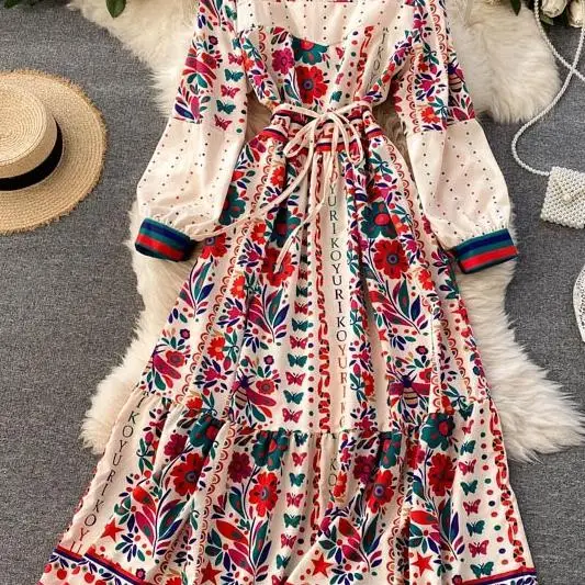 

New Spring Autumn Women Fashion Outwear Bohemian Holiday Long Sleeve Standing Collar Elegant Dress Hit Color Sexy Dress