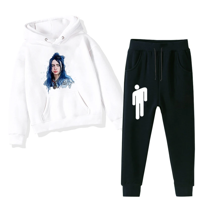Billie Eilish принтами детская одежда длинный теплый жакет для девочки; Зимние толстовки с капюшоном для девочек+ брюки 2 шт./компл. для мальчиков-подростков, повседневная одежда, детский тренировочный костюм, комплект - Цвет: 10