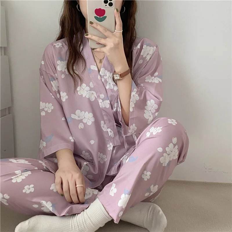 

Japanese Style 2021 New Seven-Sleeve Kimono Pajamas Set Female Summer Autumn Loose Gauze Home Clothes Cute Sweet Sleepwear Women