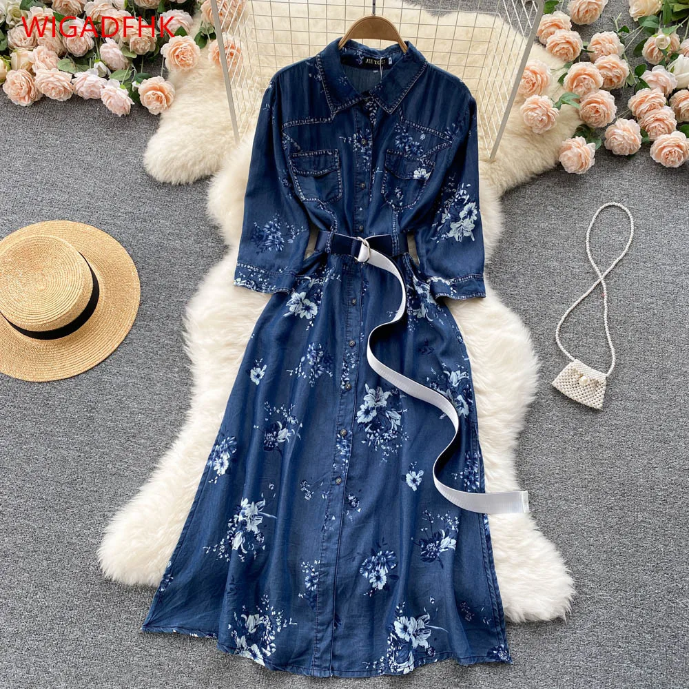 

Women's Retro Printed Denim Dress 2021 Fall High-quality Elegant Female Designer Fashion Show Party Vestidos Send Belt