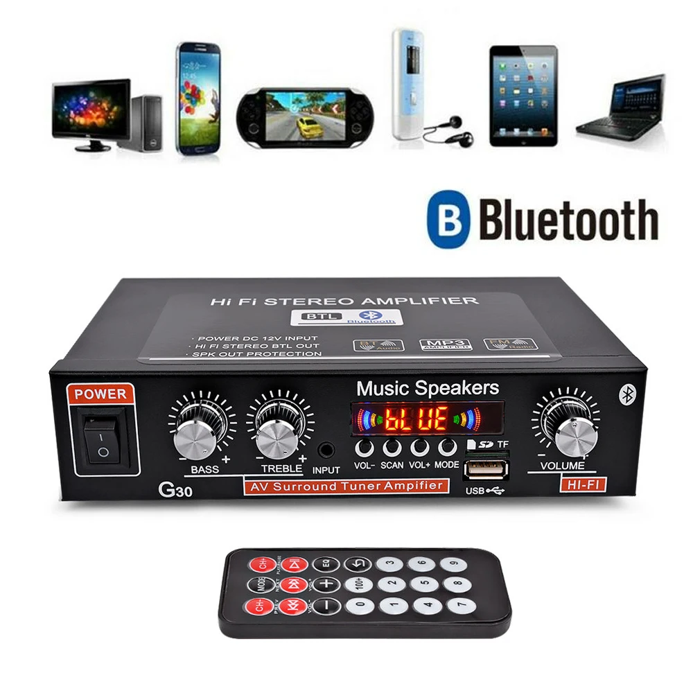 Домашний автомобильный усилитель Bluetooth HIFI стерео сабвуфер 220 В Цифровой