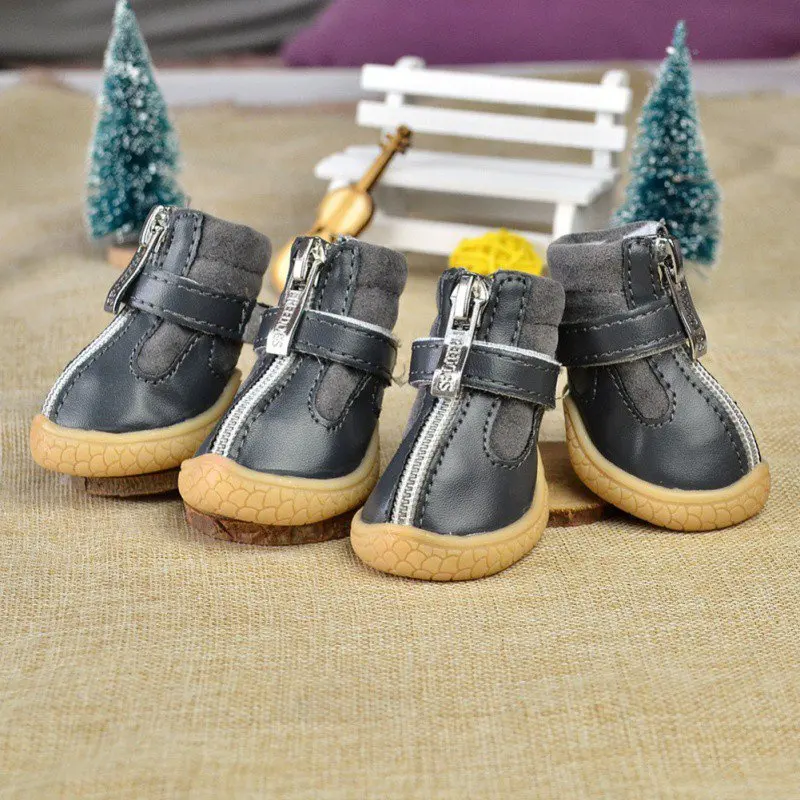 

4pcs Anti-slip Rain Dog Shoes Booties Dog Shoes Winter Warm Small Dog Boots with Zippers For Chihuahua Puppy Cats