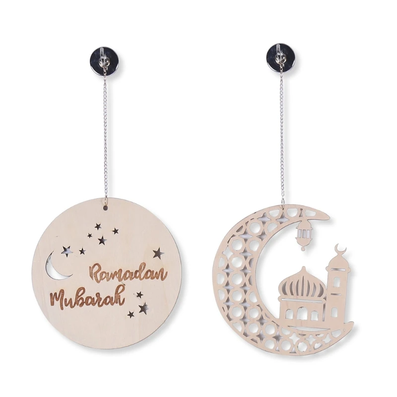 

2pcs Wooden Eid Mubarak Hanging Pendant Ramadan Kareem Decoration Castle Moon Ornament Islam Muslim Party Decor