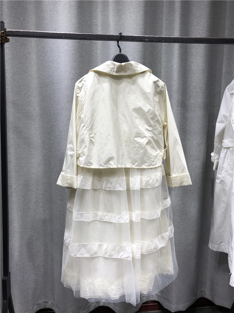 

Trench Coat For Women Fashion Leisure Cotton Suit Collar Long Sleeve Medium Length Double Breasted Cardigan Back Mesh Hem Design