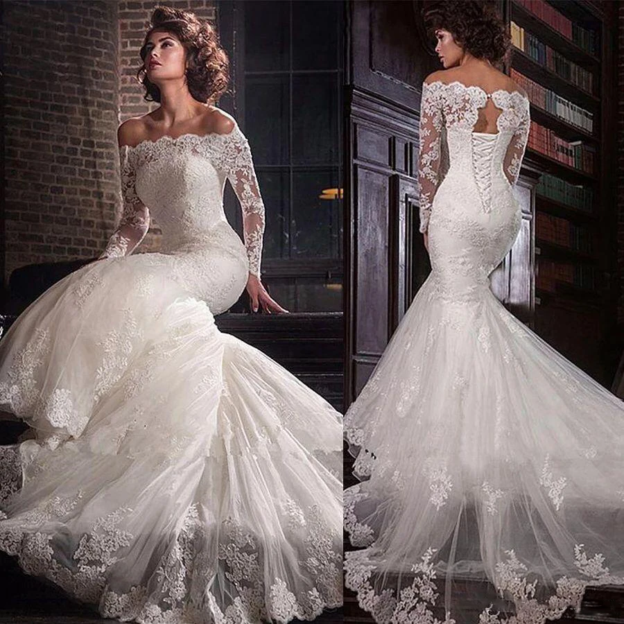 

2020 Bateau Long Sleeves Mermaid Wedding Dresses Slim Fishtail Bridal Gowns Lace Up Back Long Custom Beach Wedding Plus Size