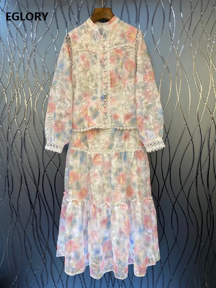 

Top Quality Women's Set 2021 Spring Summer Skirt Suit Ladies Pink Floral Print Embroidery Long Sleeve Tops Blouse+Maxi Skirt Set