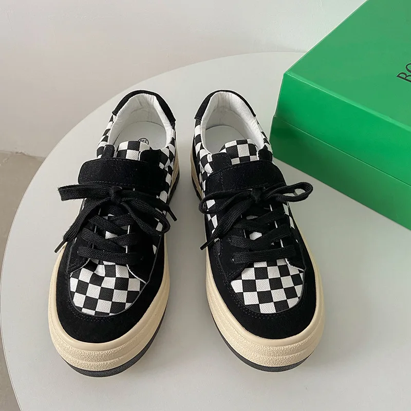 

Luxury Shoes Women Fashion Sneakers 2022 New Gingham Low-top Lace-up Casual Loafers Ladies Platform Shoes Woman High Quality