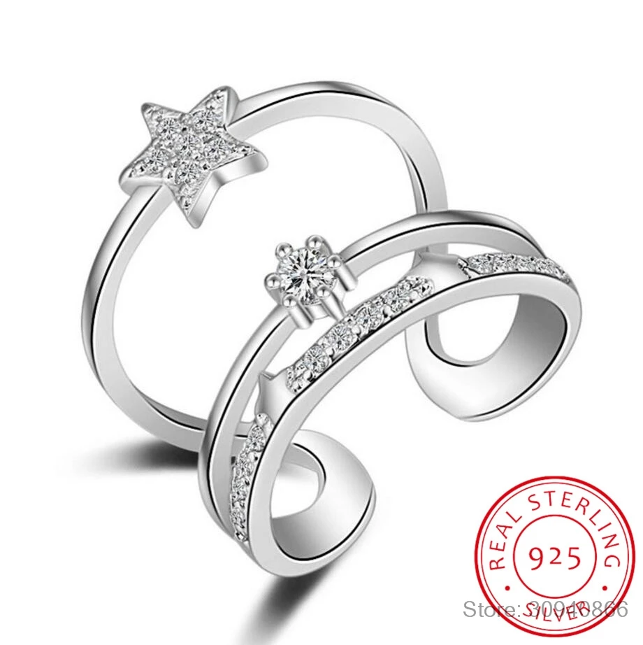

925 Sterling Silver Multi-layer CZ Zirconia Star Ring Fine Jewelry For Women anillos Resizable Rings Bague S-R170
