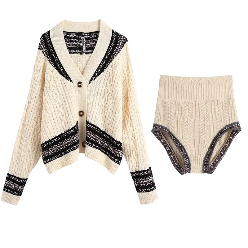 

Women Total Knit Suits Retro Contrast Color Twist Oversized Cardigan Vintage Package Hips High-cut Mini Shorts 2 pieces 1 Set