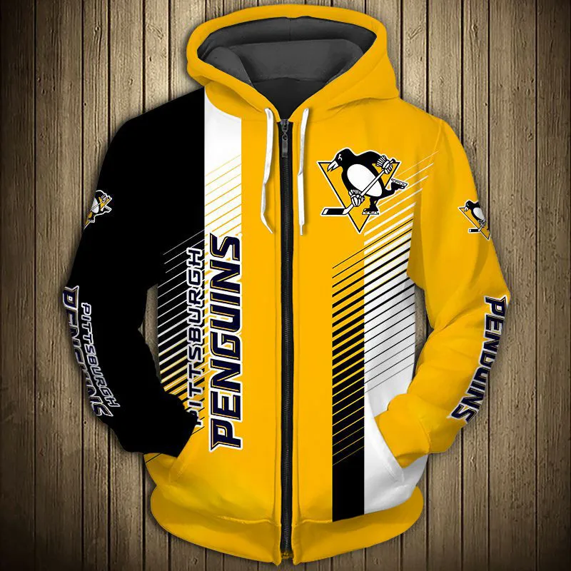 

Pittsburgh men's Casual 3D Zipper Hoodie Black And Yellow Stitching Fun Cartoon Penguin Print Penguins Sweatshirt