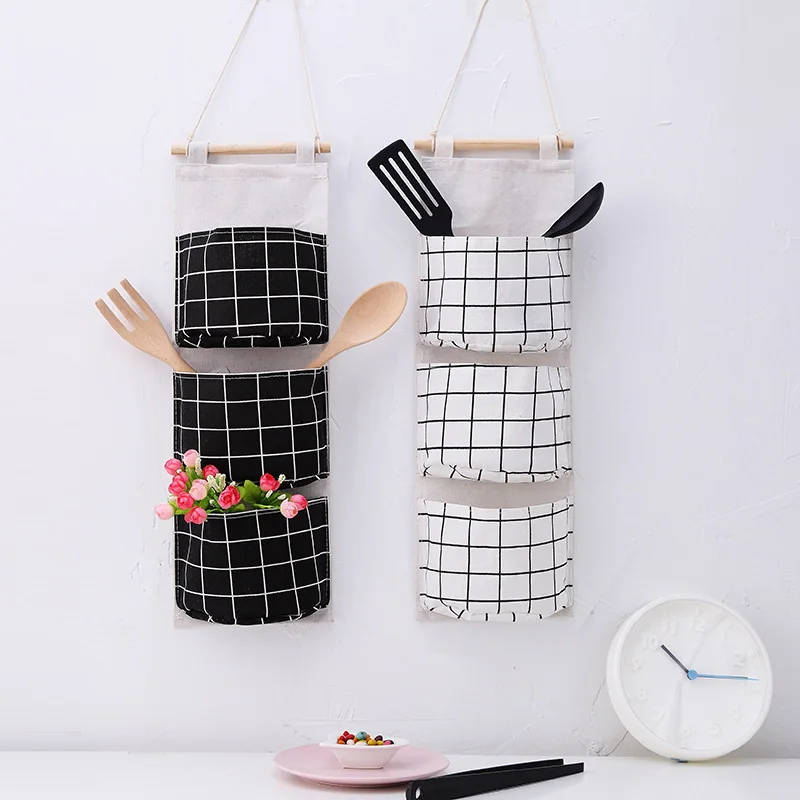 

Creative Cotton and Linen Storage Hanging Bag 3-layer Hanging Pocket Lattice Type Fabric Door Storage Bag