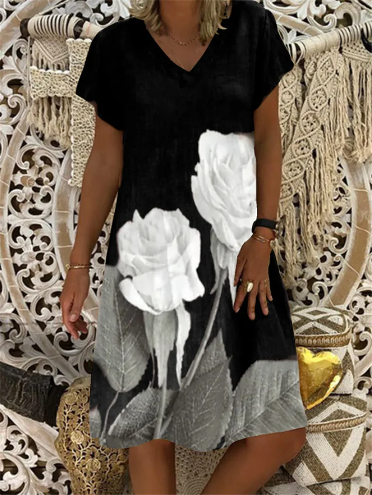 

Women Summer Dress Fashion Print V-neck Short sleeve Loose Big Swing Casual Beach Dress 2021 Large Ladies Plus Size Dress#D3