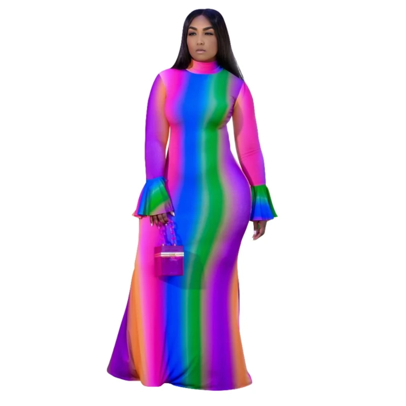 

XL-5XL Plus Size Clothing Women Flare Sleeved Maxi Dresses Long Robe Turtleneck Rainbow Gradient Color Vestidos Largos Ruffles