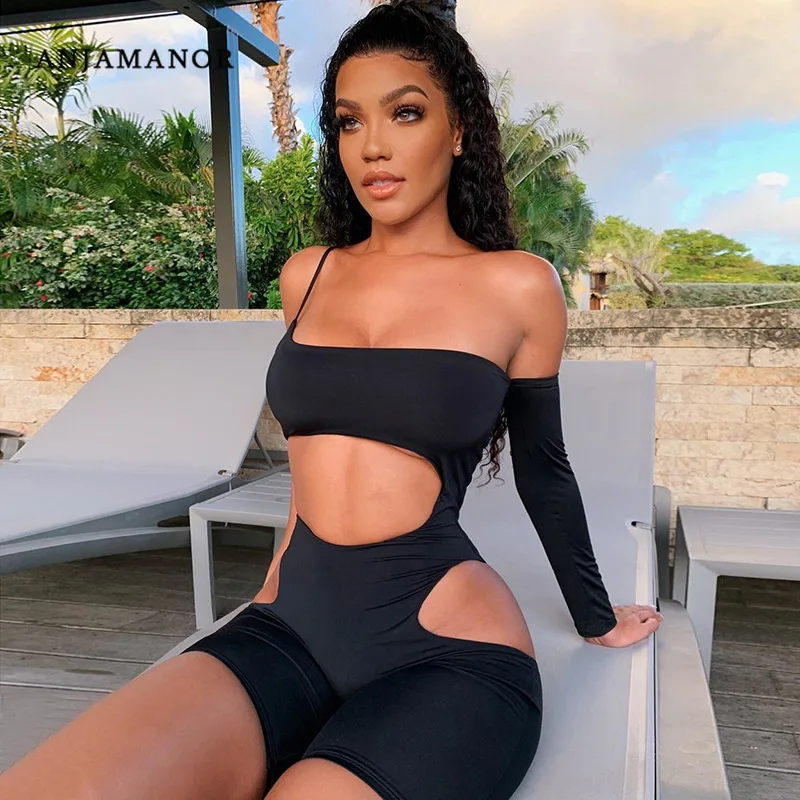 

ANJAMANOR Sexy Black Bodycon Jumpsuit Women Summer 2020 Club Outfits One Shoulder Cutout Biker Shorts Romper Playsuit D83-I51