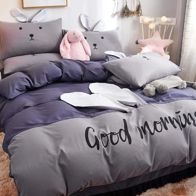B-dark blue grey Милый Домашний Комплект постельного белья с рисунком руббит, постельное белье, пододеяльник, плоский лист, Комплект постельного белья, полный комплект постельного белья для детской комнаты - Цвет: B-dark blue grey