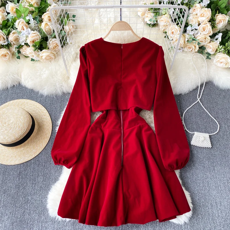 

Women Velvet Party Two Piece Set Spring Autumn 2021 Elegant Puff Long Sleeve Short Coat + Spaghetti Strap Mini Dress New Fashion