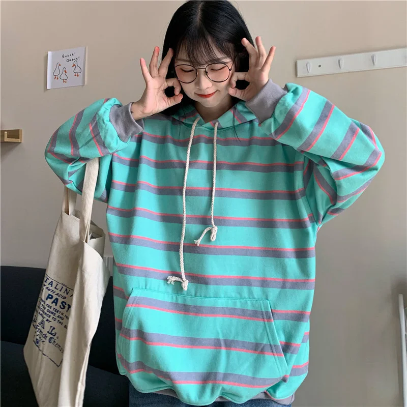 

Live Shot New Korean Style Trendy Hooded Striped Printed Mid-Length