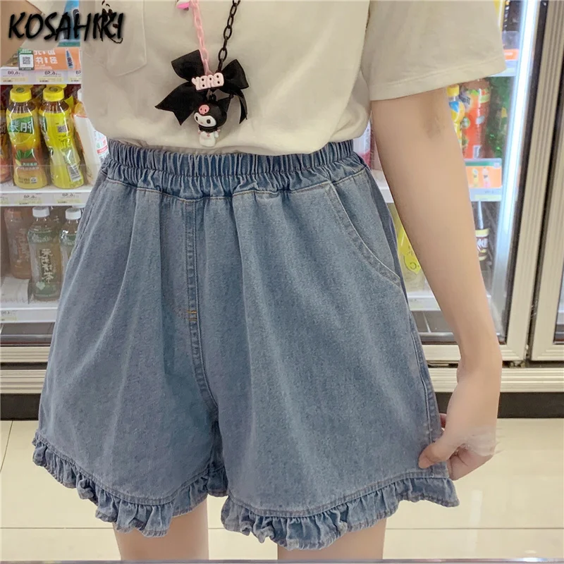 

KOSAHIKI Denim Shorts Women Ins Summer All-match Ruffle Patch Teens High Waisted Short Trouser Harajuku Pocket Womens Streetwear