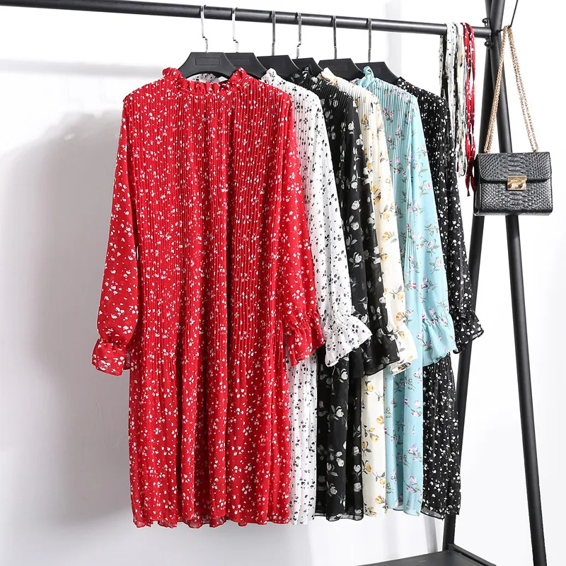 

Women's Floral Chiffon Dresses 2020 Autumn Winter Full Sleeve Female Bottoming Pleated Dress Elegant Lace Up Mujer Vestidos