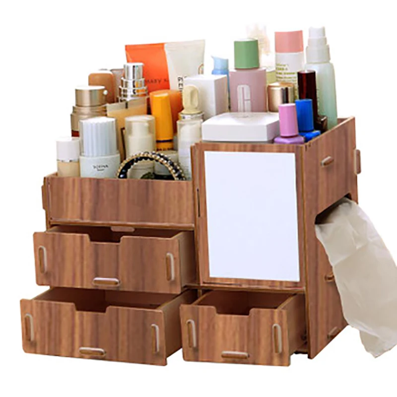 

Wooden Makeup Organizer Desktop Drawer Cosmetic Storage Boxes With Mirror For Girls Woman Make Up Organizers Box