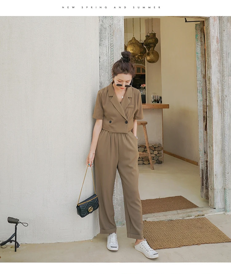 

Summer Two Piece Sets Blazer and Overalls Women Elegant Slim Casual Short Suit Jacket Coat Straight Pant Straps Jumpsuit Outfits