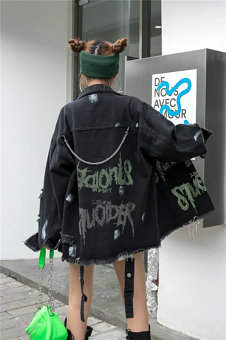 

Vefadisa Spring Women Diamonds Denim Jacket 2021 Autumn Chains Decoration Denim Coat Streetwear Letter Print Jacket QYF5250
