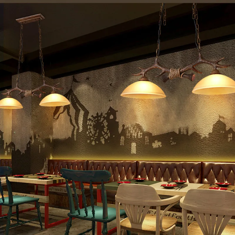 

Antique Antler Double Head Restaurant Chandelier Retro Creative Cafe Bar Resin Antler Meal Chandelier Lamp LB122013