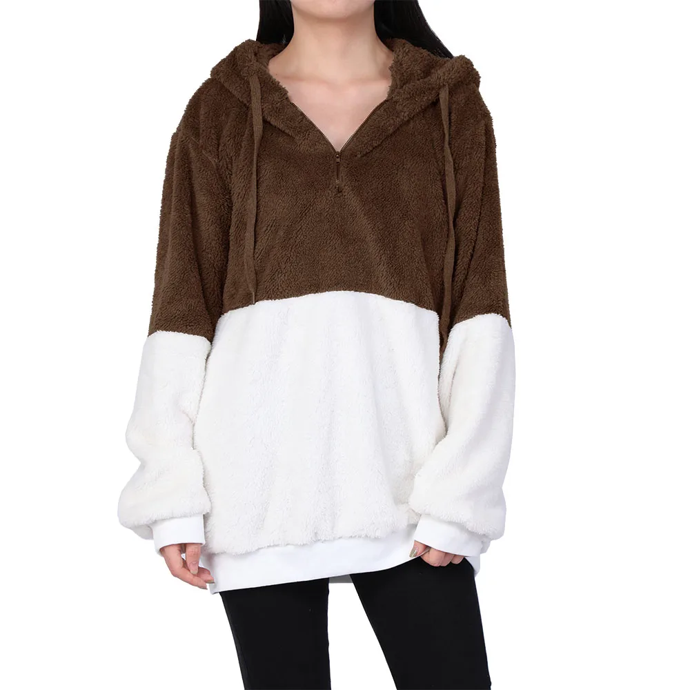 brown 2 OEAK, женские флисовые толстовки,, длинный рукав, с капюшоном, пуловер, толстовка, Осень-зима, теплая, на молнии, с карманами, меховое пальто размера плюс, 5XL - Цвет: brown 2