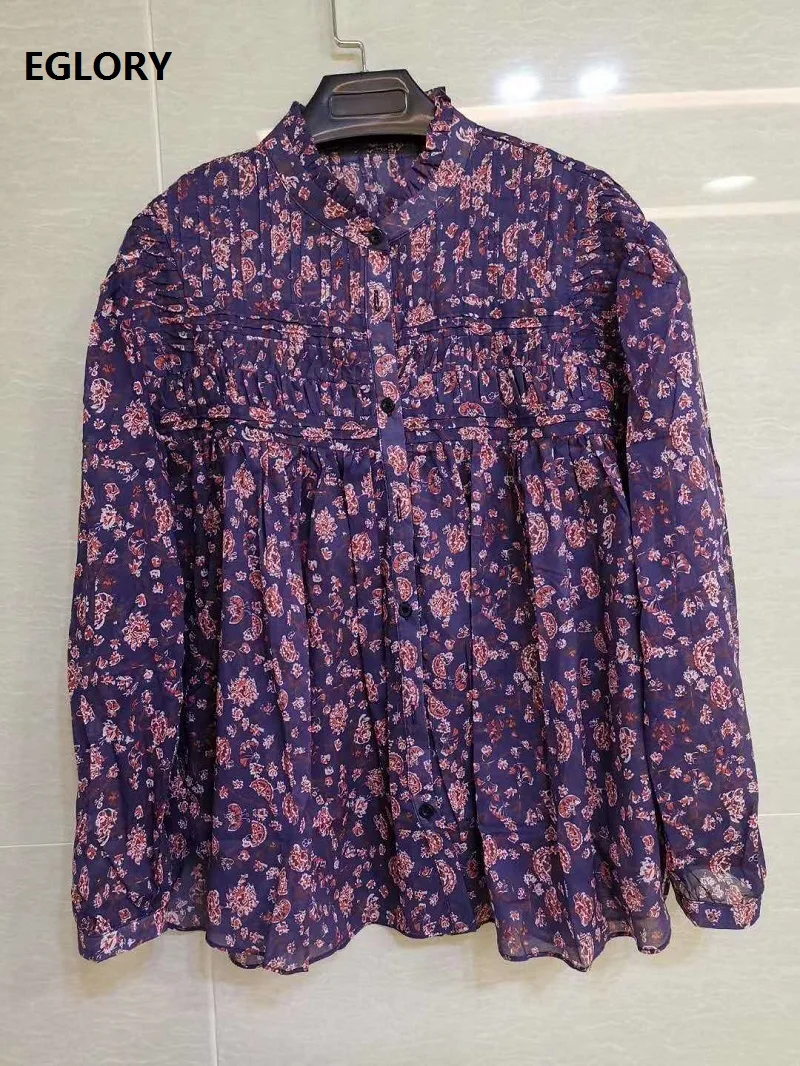 

2020 Autumn Fashion Designer Blouse Shirt High Quality WOmen Vintagae Prints Long Sleeve Casual White Purple Shirts Female