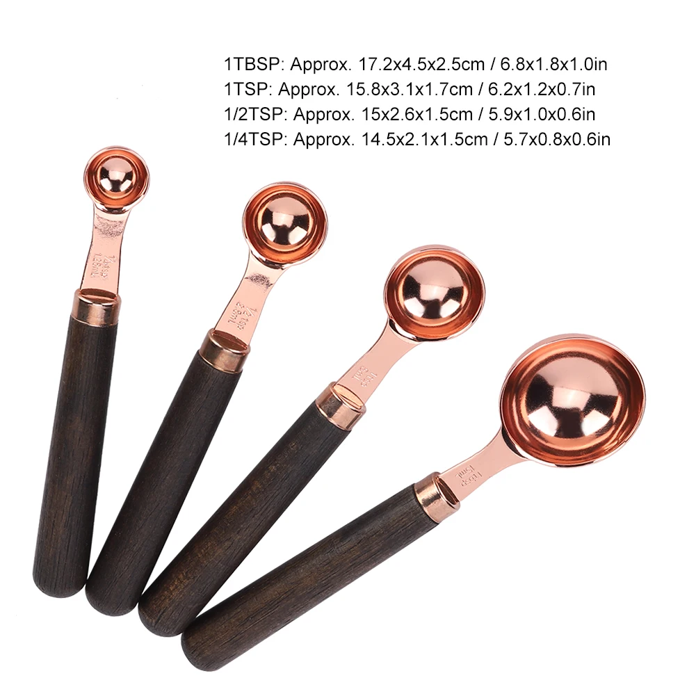 

New 4Pcs/Set Stainless Steel Measuring Spoon Set Rose Gold With Wood Handle Bakeware Kitchen Measuring Spoon Baking Tool