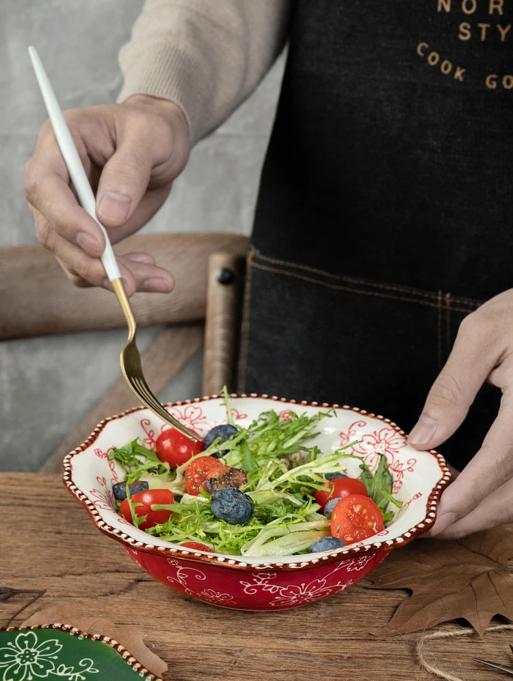 

Cherry Pattern Bowl Plate Set Ceramic Salad Dishes Flower Penh Creative Hand Drawn Crockery 8.5inch Breakfast Plate