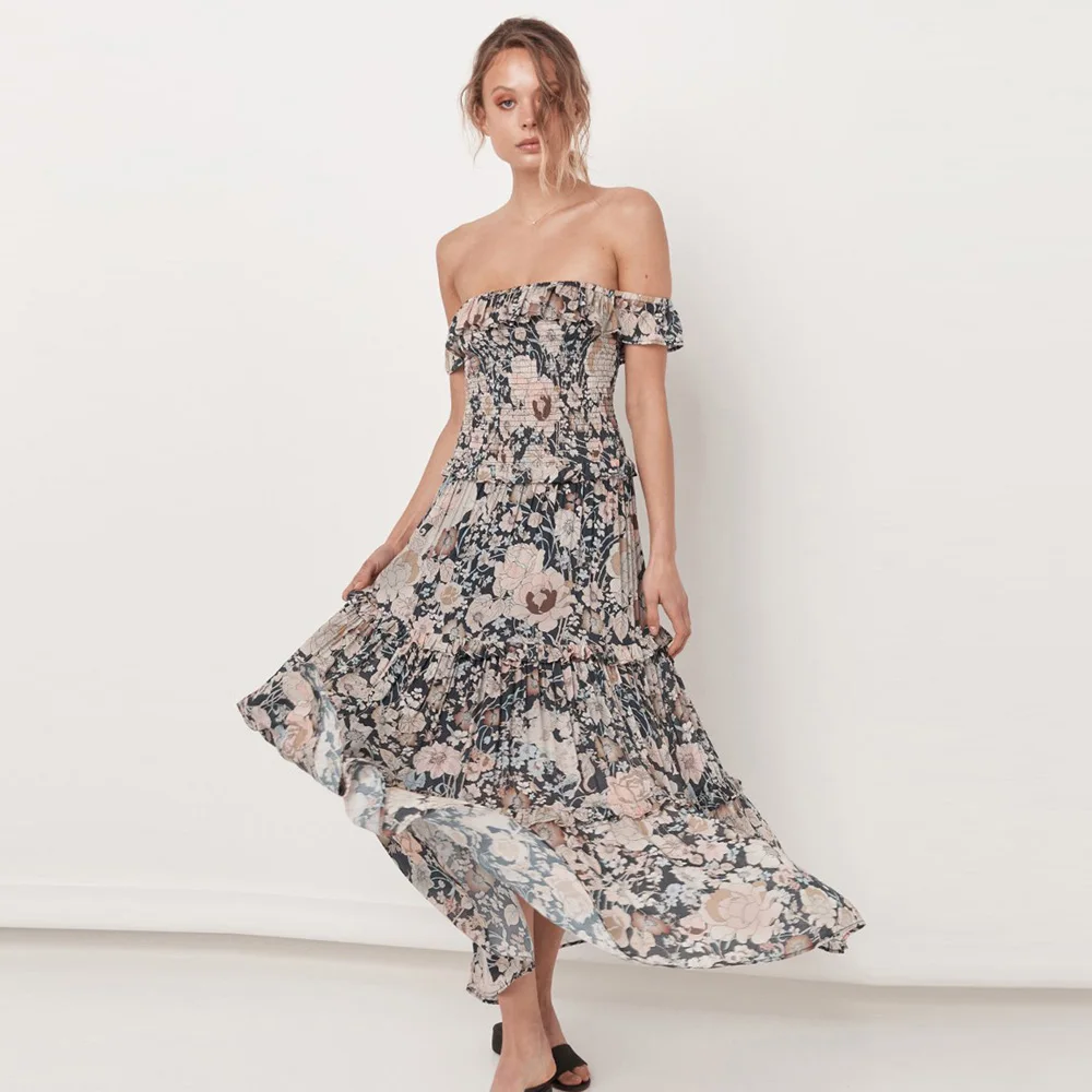 Женское длинное платье в стиле бохо сексуальное короткое богемном на одно плечо