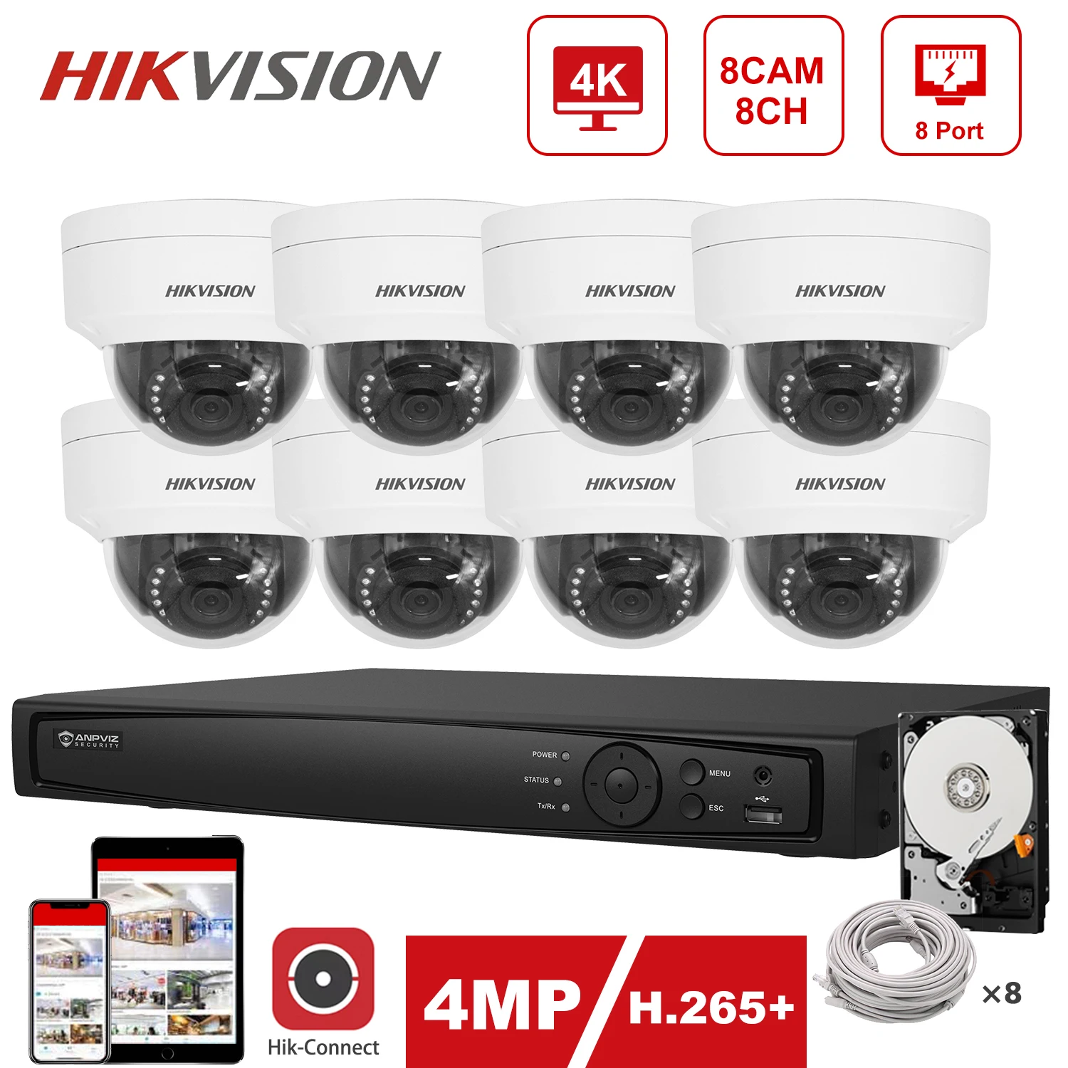

Hikvision IP Security Kit 4K 8CH POE NVR Hikvision POE IP Camera 4MP DS-2CD1143G0-I Indoor/Outdoor 30m IR Plug and Play H.265