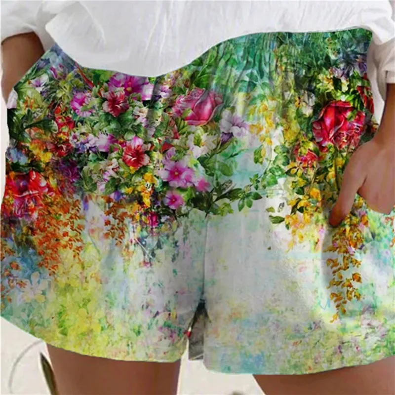 

Summer New Fashion Women's Casual Floral Print Shorts Comfortable Elastic Loose Thin Elastic Waist Pocket Beach Short 4 Color