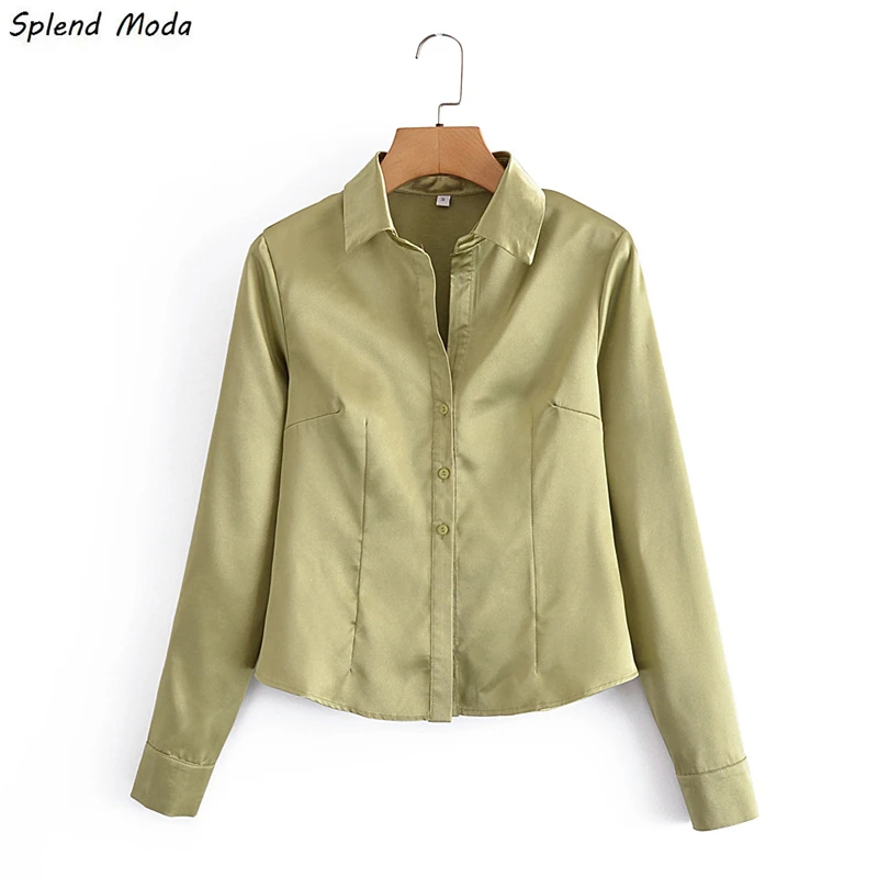 

Splend Moda Autumn Women Lapel Single-Breasted Satin Vintage Shirt New Slim-Fit Solid Color Long-Sleeve Shirt Casual Fashion