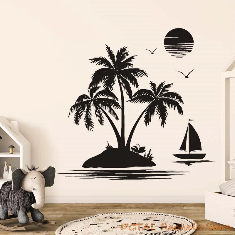 Курорт морская сторона наклейка остров с пальмой корабль силуэты Чайка домашний