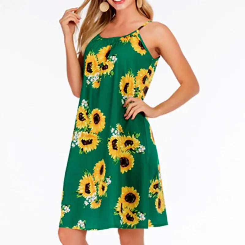 

Women Sunflower Dress Sleeves Retro Sunflower Print Straps Sleeveless Large Swing Beach Micro Elastic Soft Moder Holiday Dress