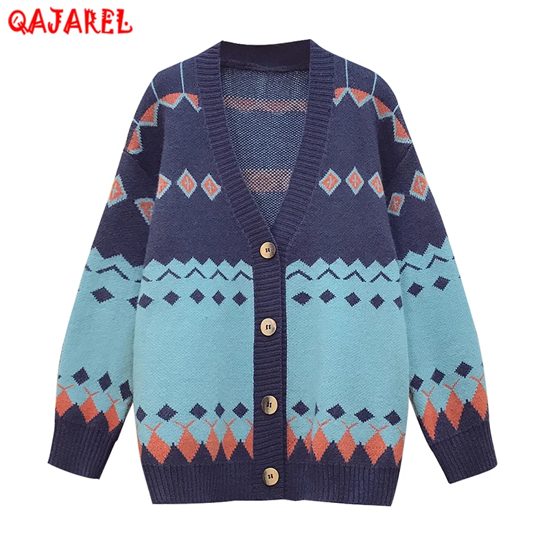 

Women Korean Vintage Casual Argyle Cardigan Autumn Winter Knitted Cotton Thick Warm Coat Sweaters 2023 Elegant Bodycon Sweaters